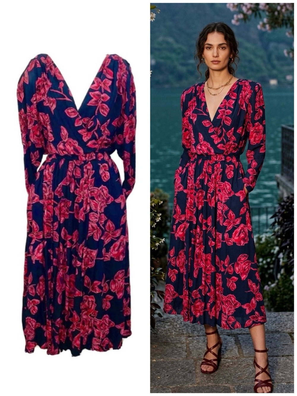 Vintage 80s V Neck Red/Black Floral Dress Size S/M Dark Romantic Whimsigoth Boho
